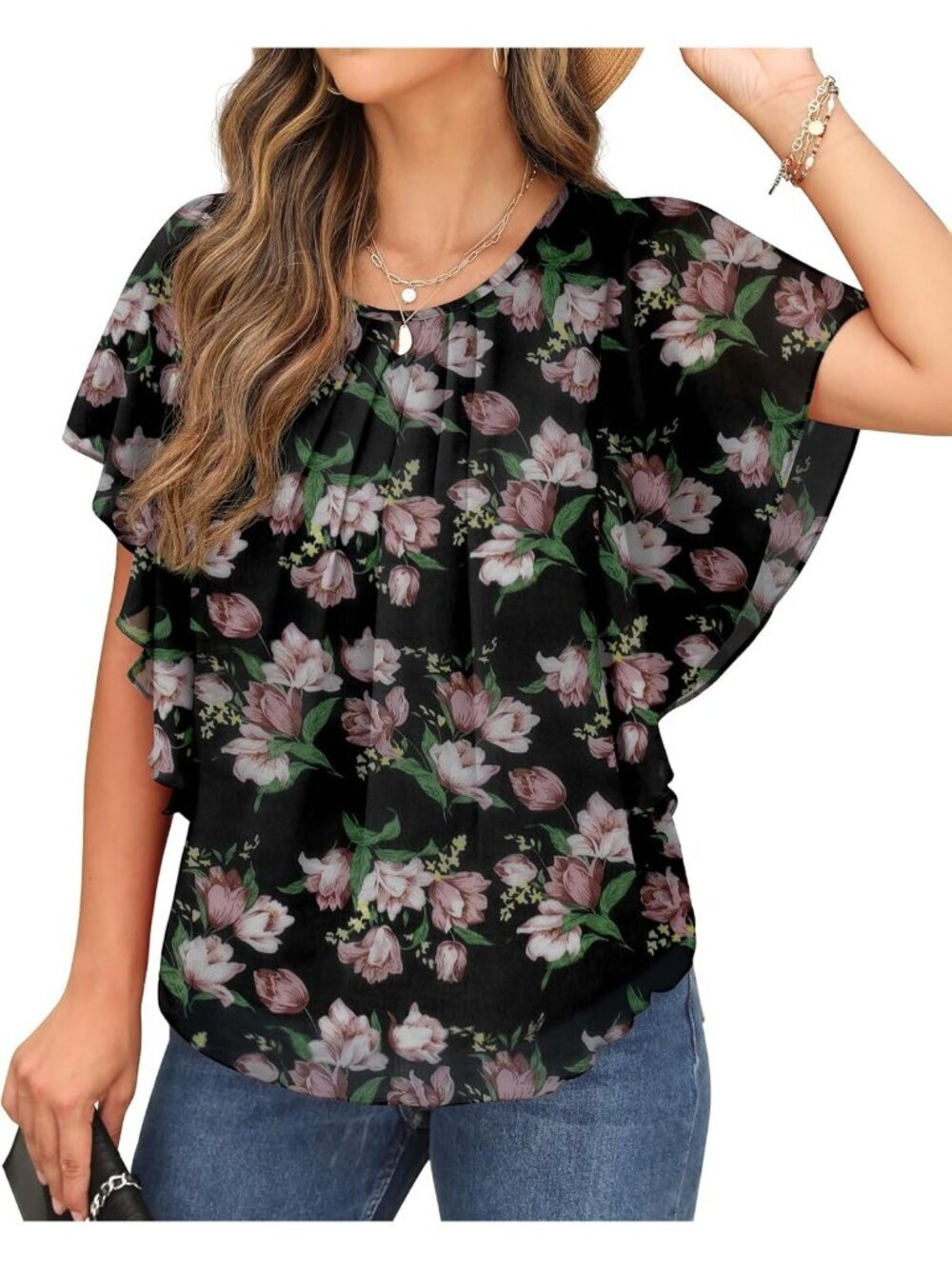 Women's Summer Casual Blouses Black Kapok Loose Round Neck Chiffon Flowy Tops